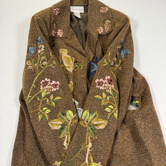 Vintage art blazer floral bird embroidered jacket NEWPORT NEWS 14w brown long - Picture 6 of 15